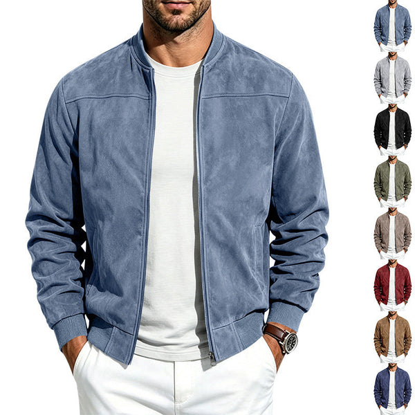 Suede Long Sleeve Zip Up Jacket Men's Casual Outerwear With Full Zip Closure